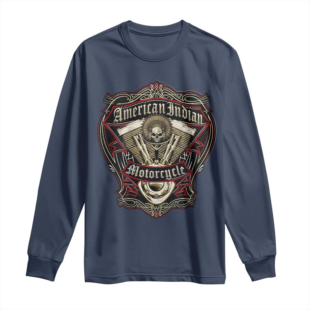 American Indian Skull Motorcycle Vintage Motorbike Engine Long Sleeve Shirt - Wonder Print Shop
