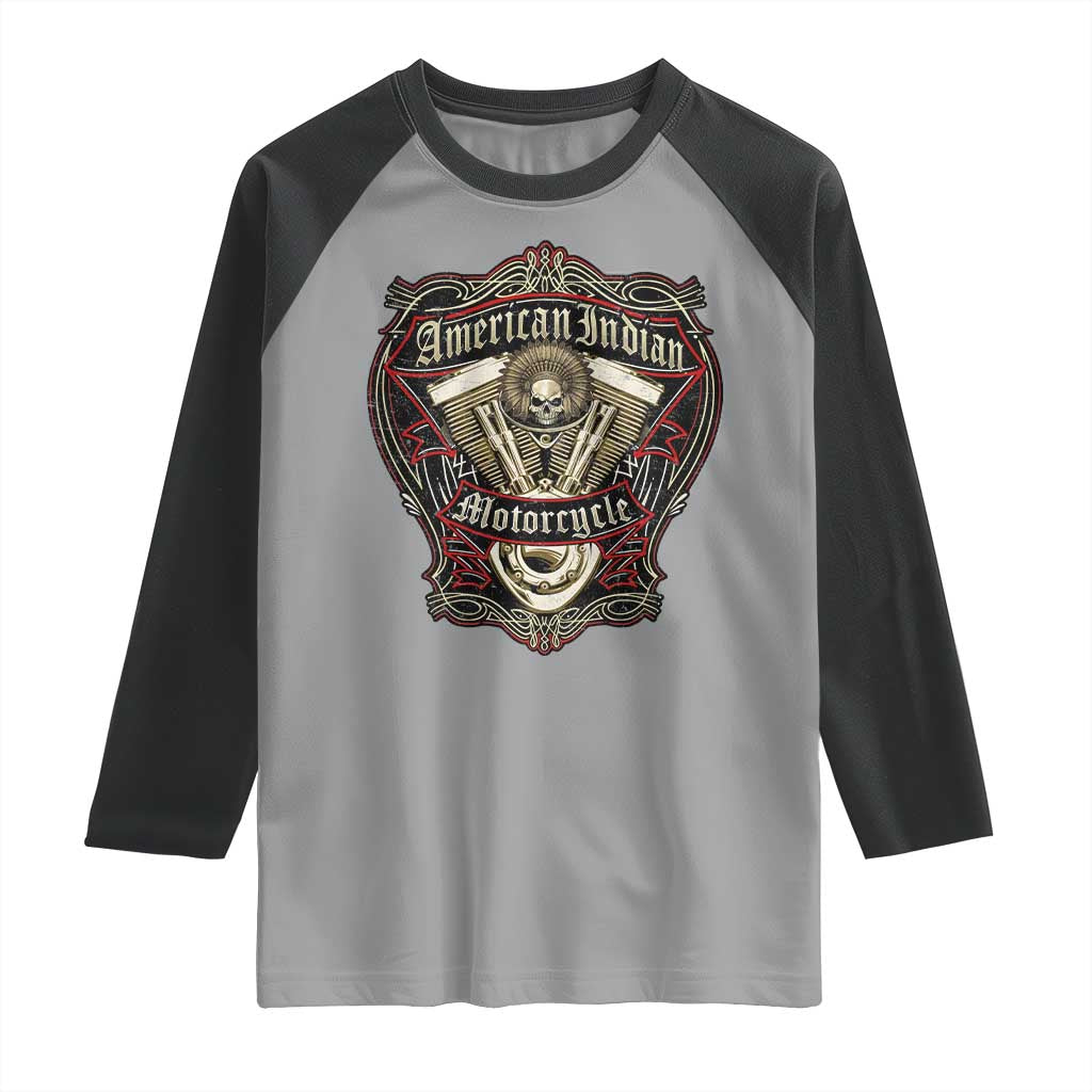 American Indian Skull Motorcycle Vintage Motorbike Engine Raglan Shirt - Wonder Print Shop