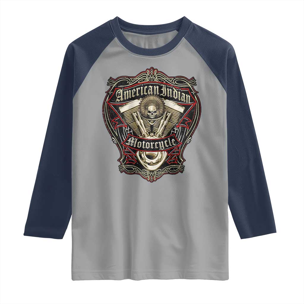 American Indian Skull Motorcycle Vintage Motorbike Engine Raglan Shirt - Wonder Print Shop