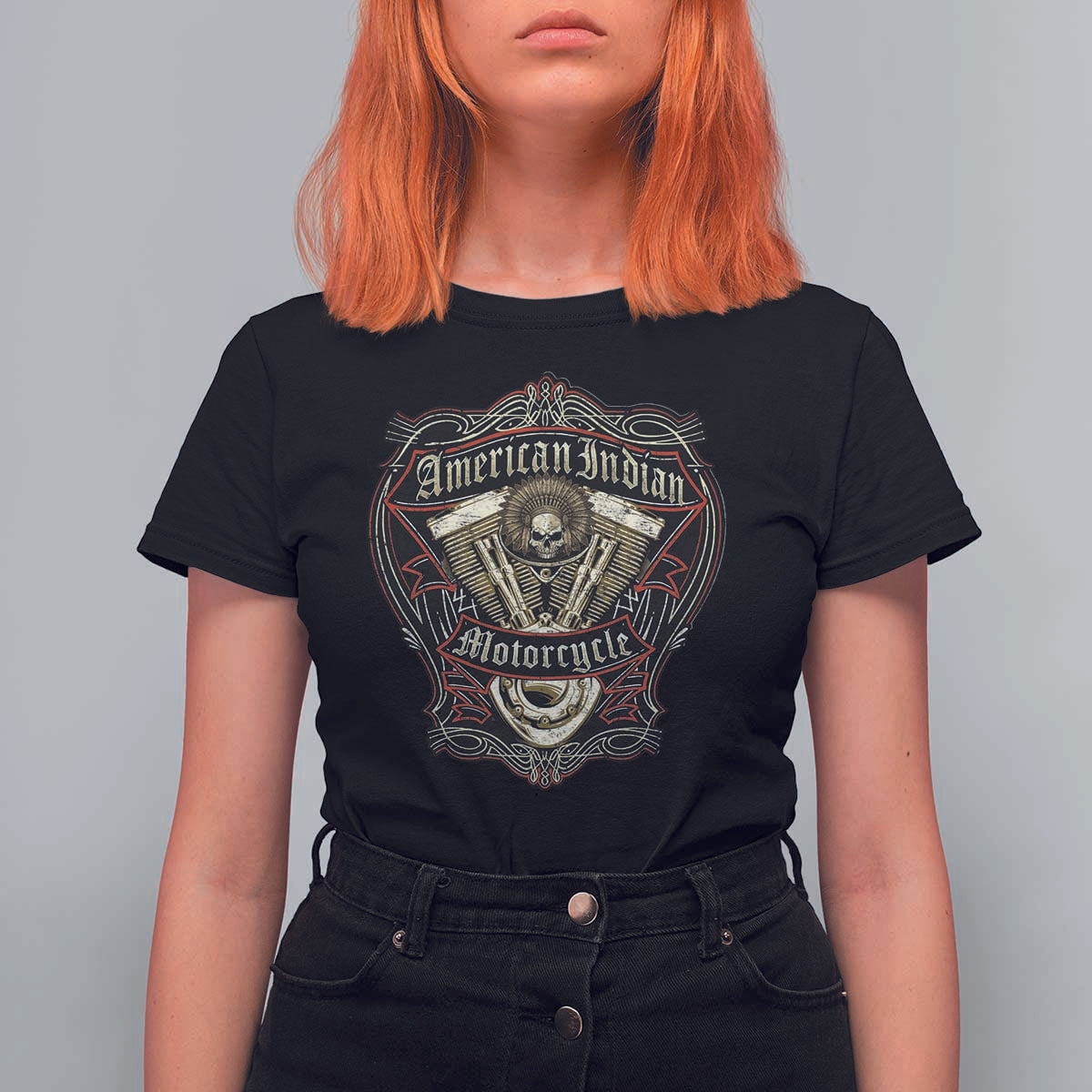 American Indian Skull Motorcycle Vintage Motorbike Engine T Shirt For Women - Wonder Print Shop