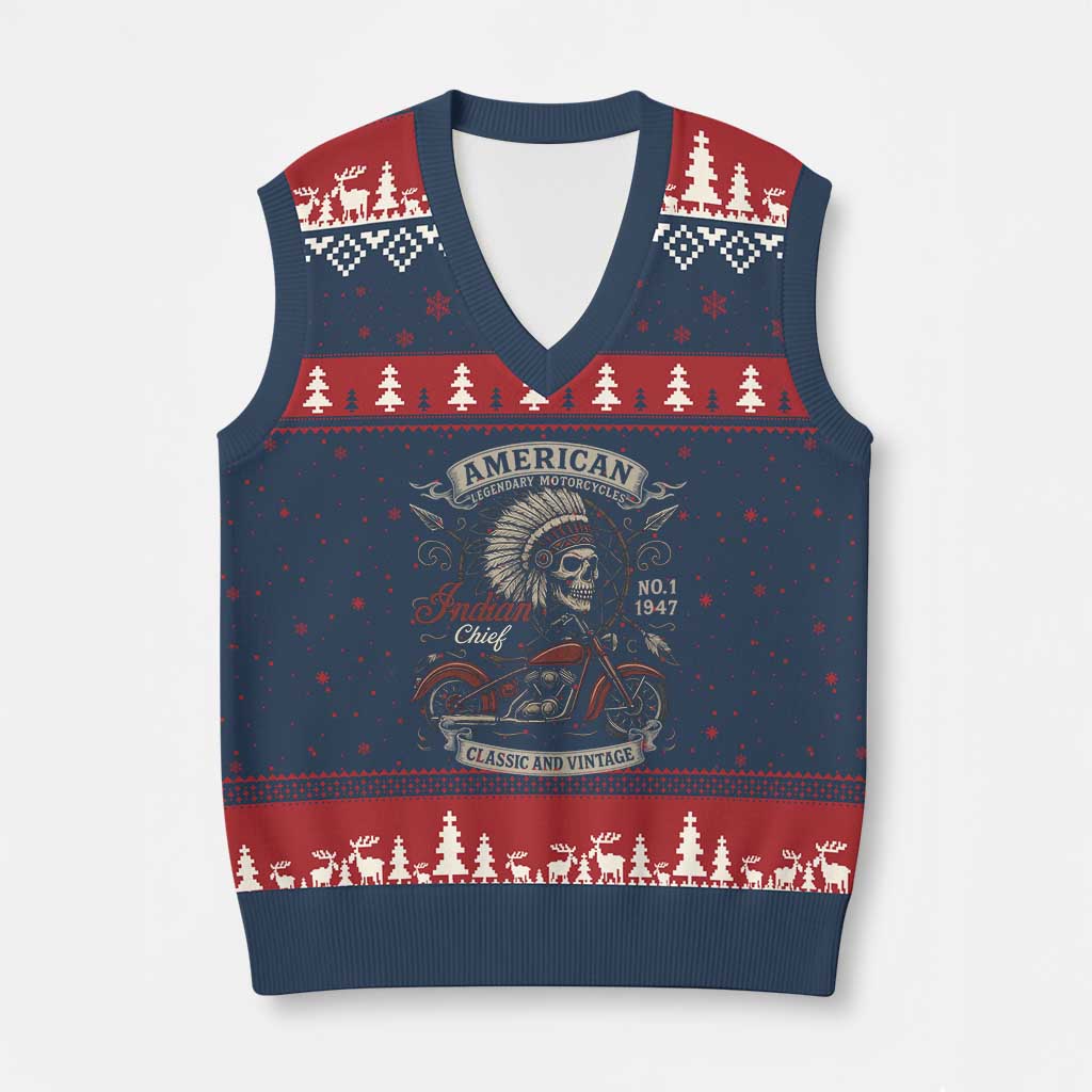 American Legendary Motorcycle Indian Chief V-Neck Knit Sweater Vest No 1 Classic And Vintage Skull - Wonder Print Shop