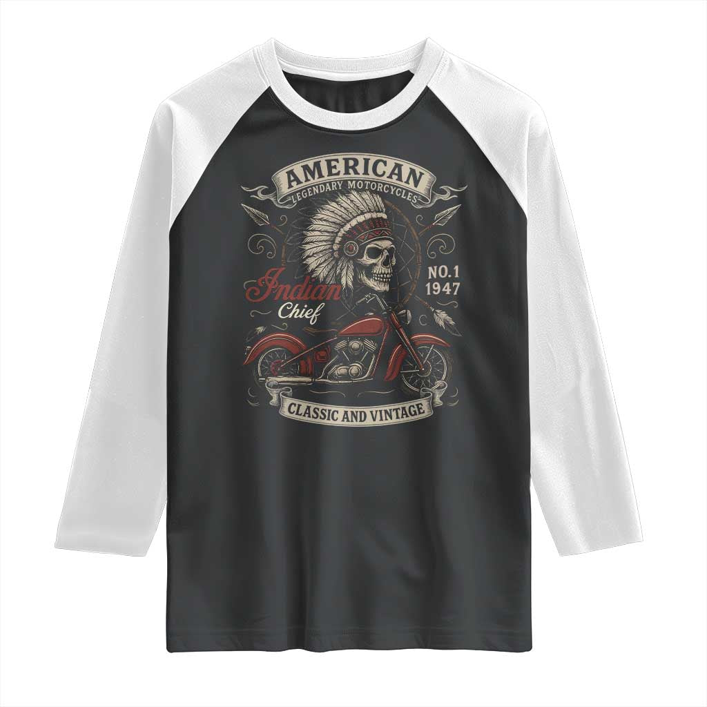 American Legendary Motorcycle Indian Chief Raglan Shirt No 1 Classic And Vintage Skull - Wonder Print Shop