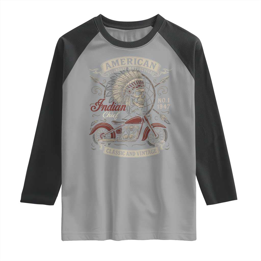 American Legendary Motorcycle Indian Chief Raglan Shirt No 1 Classic And Vintage Skull - Wonder Print Shop