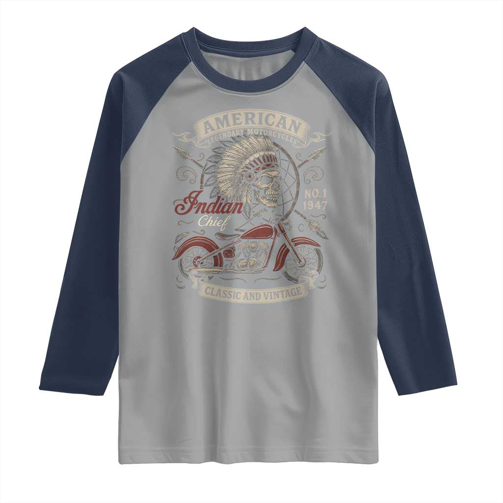 American Legendary Motorcycle Indian Chief Raglan Shirt No 1 Classic And Vintage Skull - Wonder Print Shop
