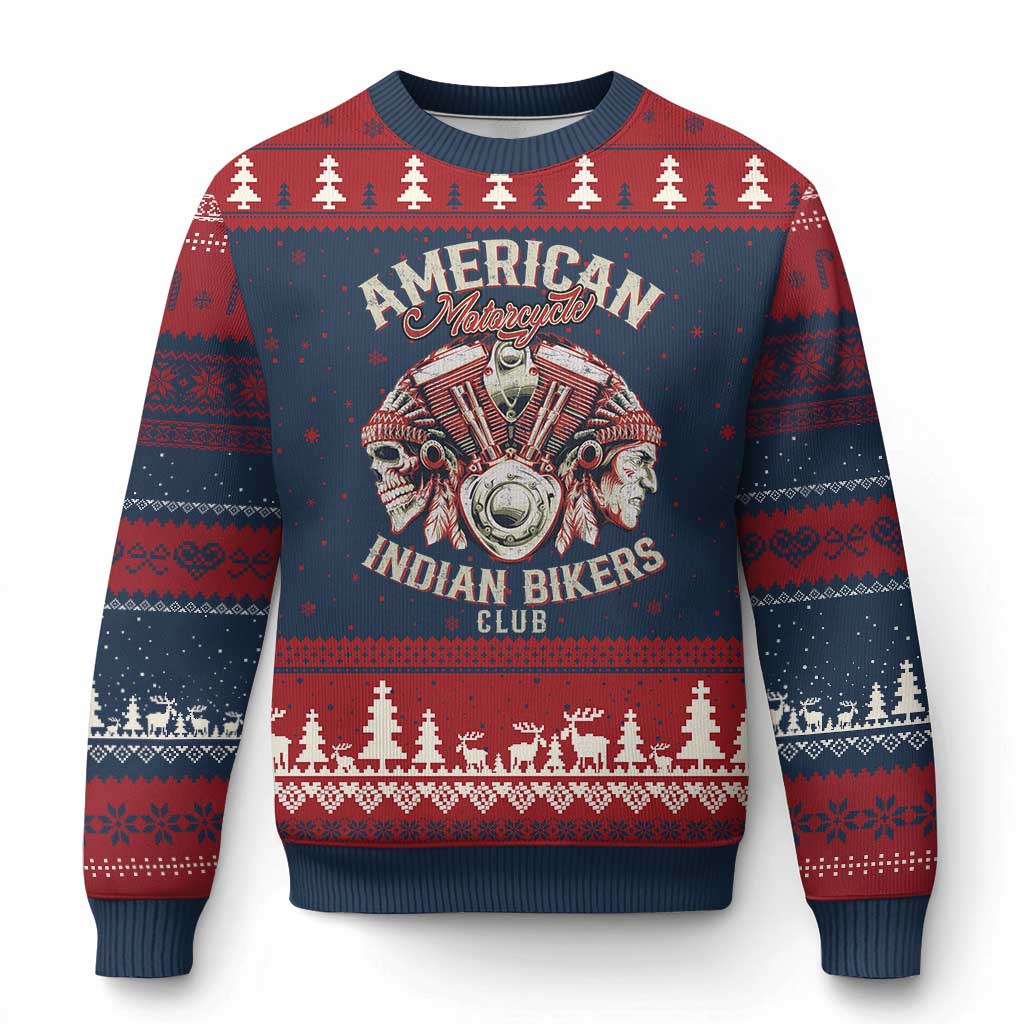 American Legendary Motorcycle Indian Biker Club Ugly Christmas Sweater Vintage Motorbike Engine Native American Skull - Wonder Print Shop