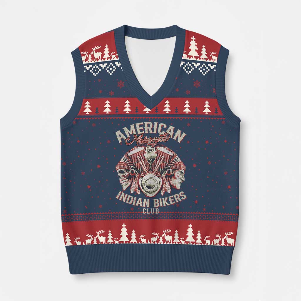 American Legendary Motorcycle Indian Biker Club V-Neck Knit Sweater Vest Vintage Motorbike Engine Native American Skull - Wonder Print Shop