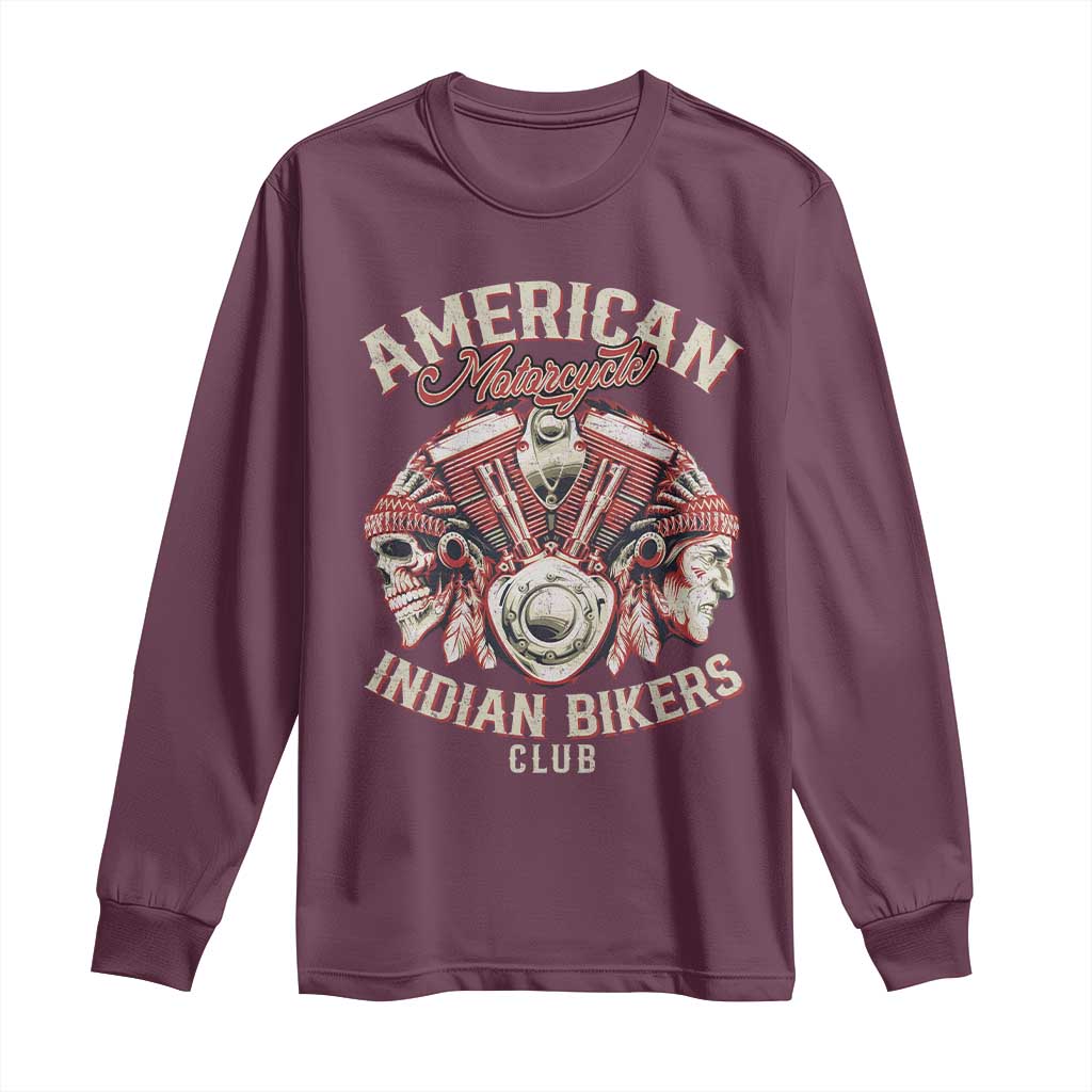 American Legendary Motorcycle Indian Biker Club Long Sleeve Shirt Vintage Motorbike Engine Native American Skull - Wonder Print Shop