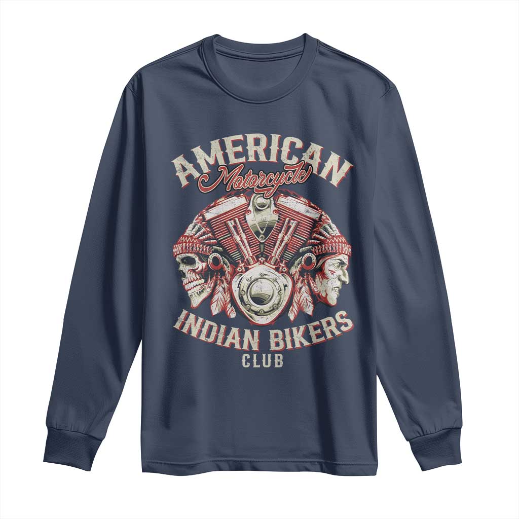 American Legendary Motorcycle Indian Biker Club Long Sleeve Shirt Vintage Motorbike Engine Native American Skull - Wonder Print Shop