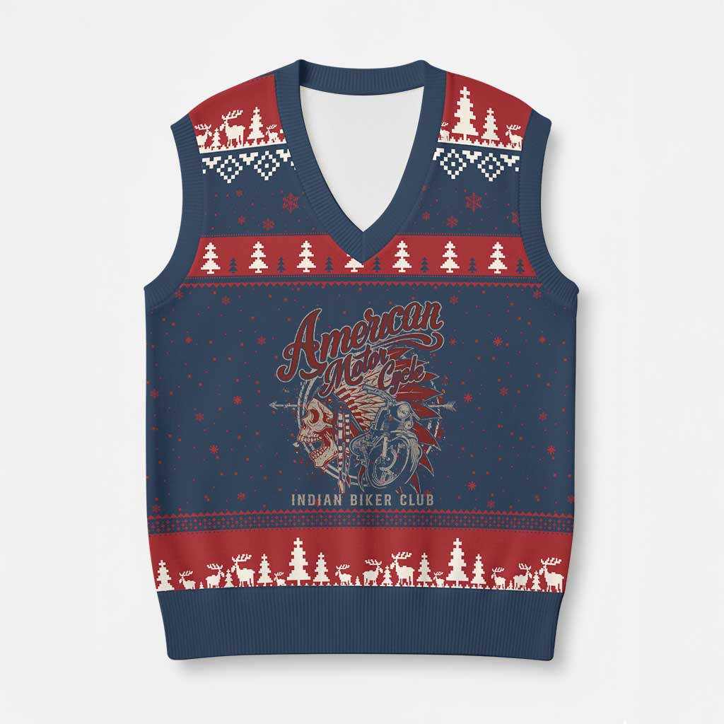 American Legendary Motorcycle Indian Biker Club V-Neck Knit Sweater Vest Vintage Native American Skull - Wonder Print Shop