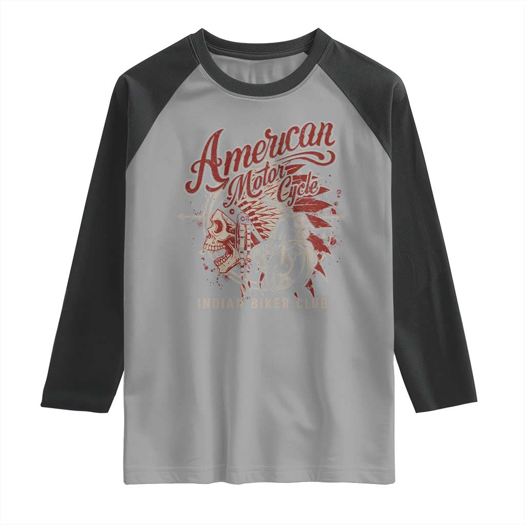 American Legendary Motorcycle Indian Biker Club Raglan Shirt Vintage Native American Skull - Wonder Print Shop