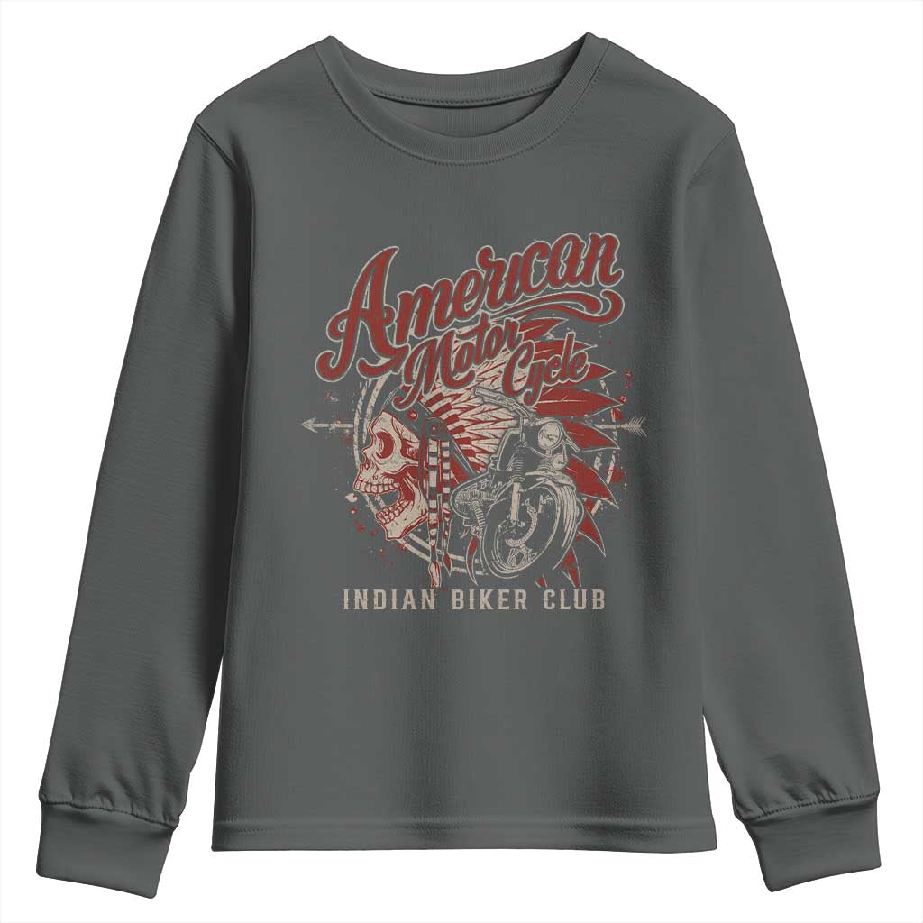 American Legendary Motorcycle Indian Biker Club Youth Sweatshirt Vintage Native American Skull - Wonder Print Shop