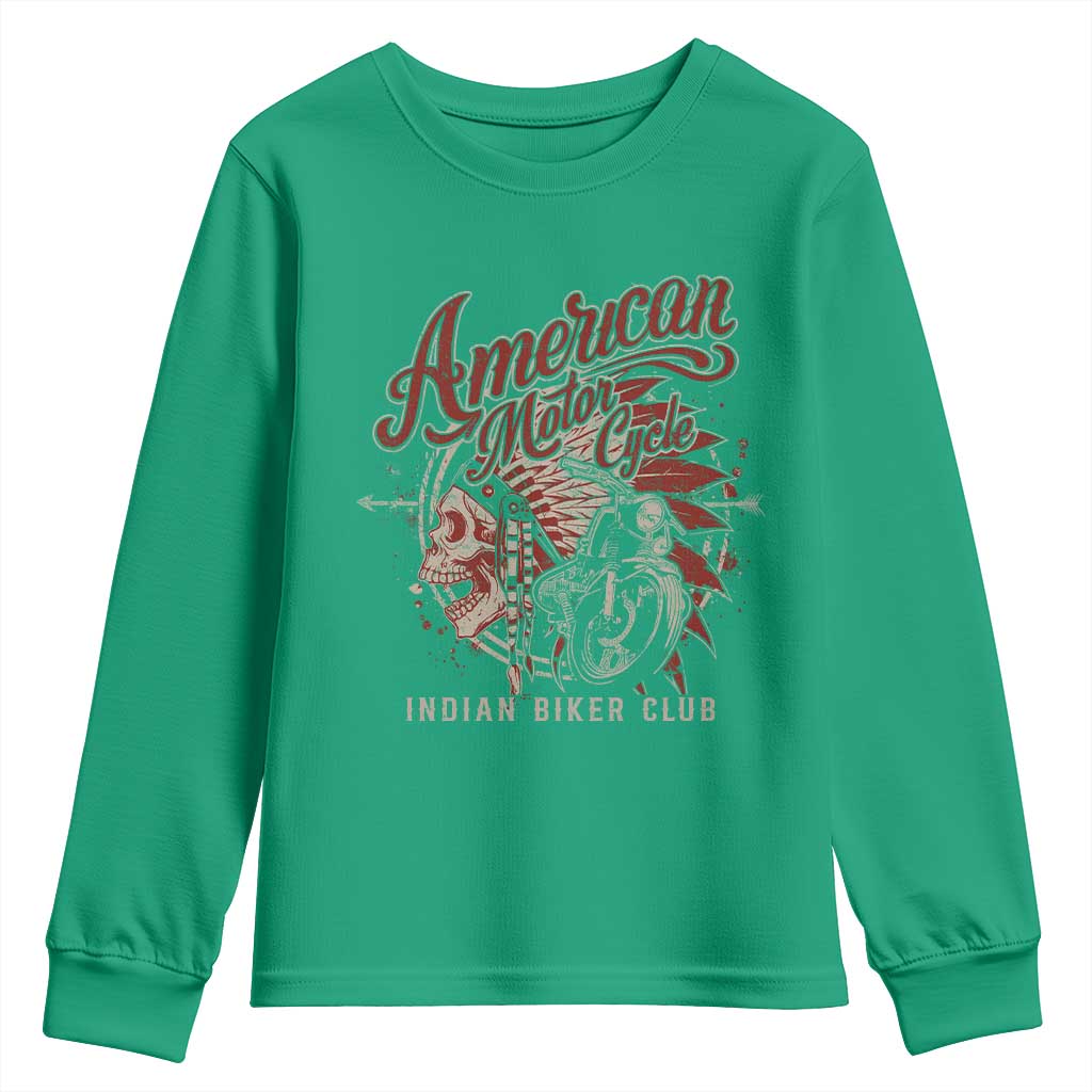 American Legendary Motorcycle Indian Biker Club Youth Sweatshirt Vintage Native American Skull - Wonder Print Shop