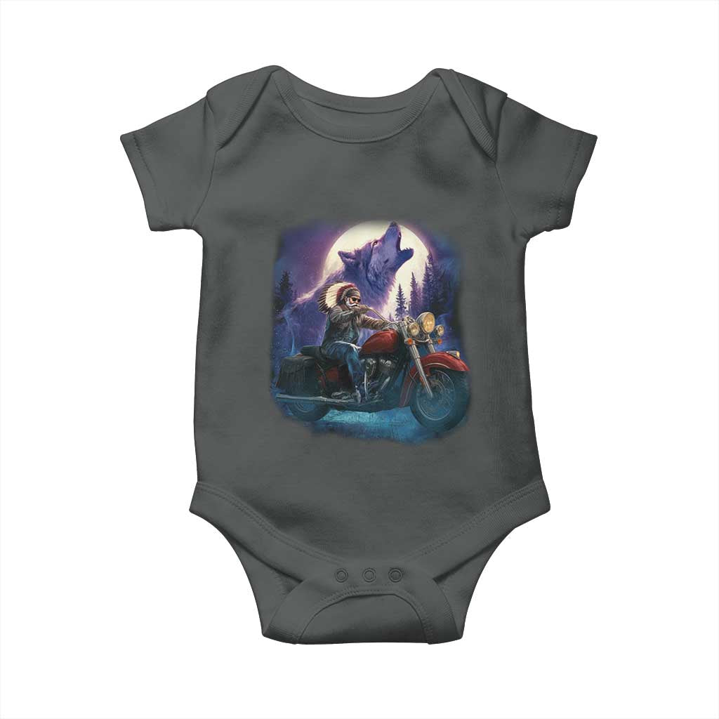 Native American Rider Baby Onesie Vintage Indian American Motorcycle Wolf - Wonder Print Shop