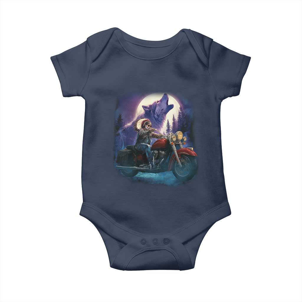 Native American Rider Baby Onesie Vintage Indian American Motorcycle Wolf - Wonder Print Shop