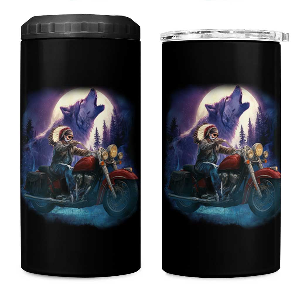 Native American Rider 4 in 1 Can Cooler Tumbler Vintage Indian American Motorcycle Wolf - Wonder Print Shop