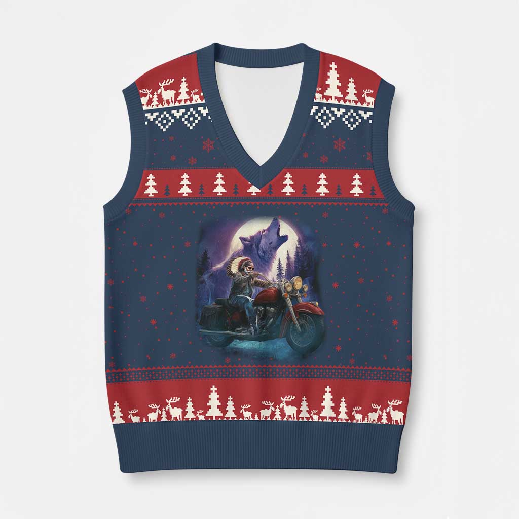 Native American Rider V-Neck Knit Sweater Vest Vintage Indian American Motorcycle Wolf - Wonder Print Shop