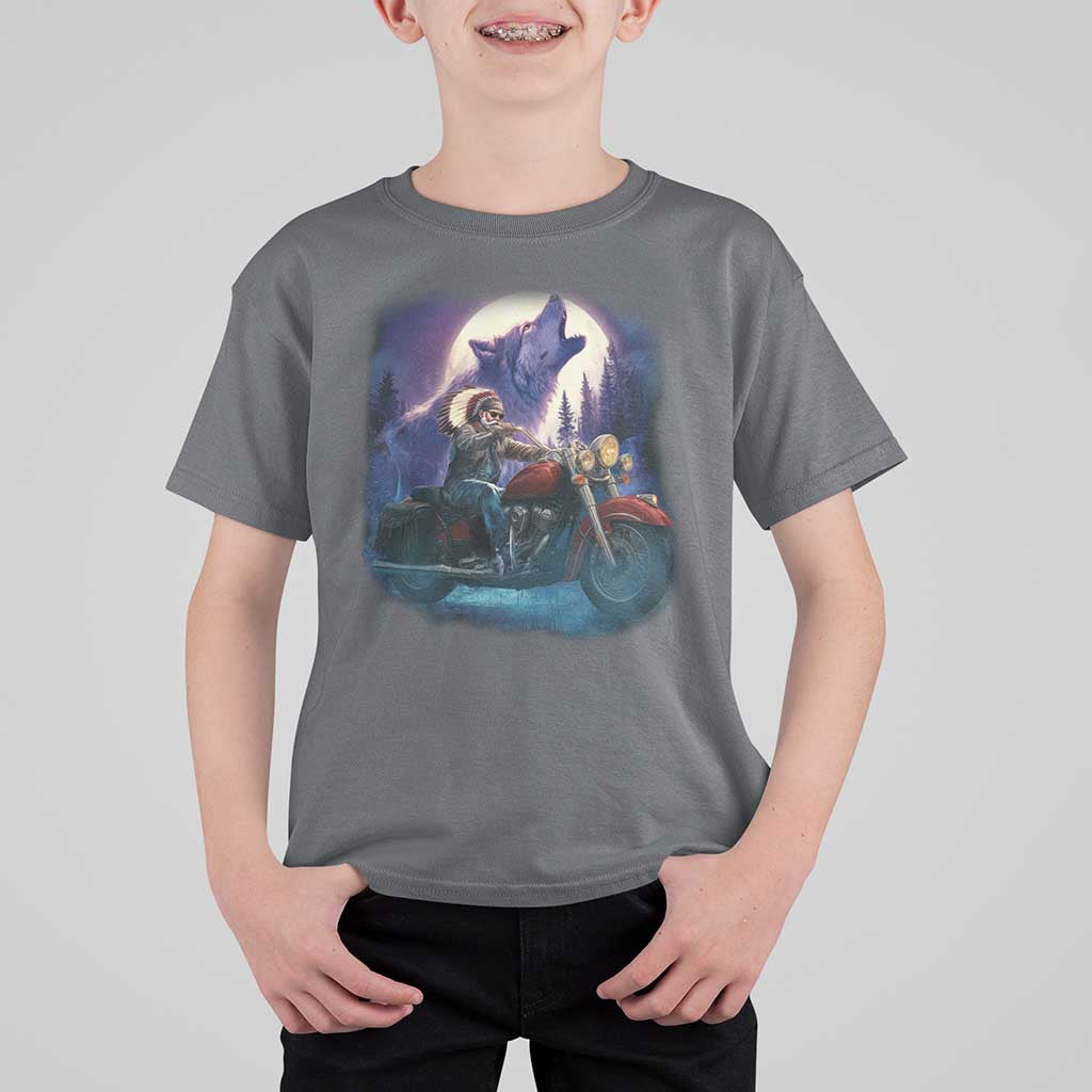 Native American Rider T Shirt For Kid Vintage Indian American Motorcycle Wolf - Wonder Print Shop