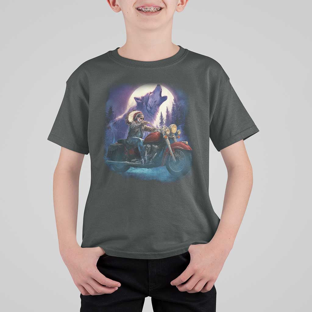 Native American Rider T Shirt For Kid Vintage Indian American Motorcycle Wolf - Wonder Print Shop