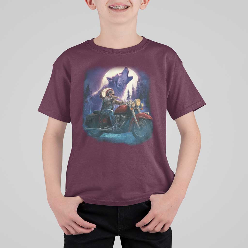 Native American Rider T Shirt For Kid Vintage Indian American Motorcycle Wolf - Wonder Print Shop