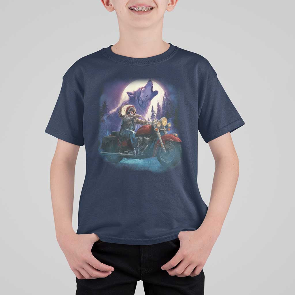 Native American Rider T Shirt For Kid Vintage Indian American Motorcycle Wolf - Wonder Print Shop