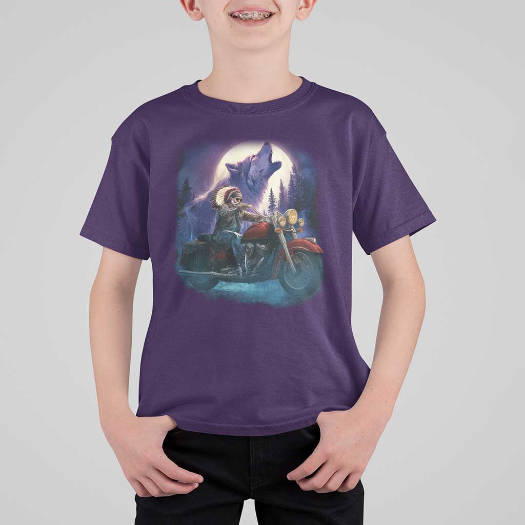 Native American Rider T Shirt For Kid Vintage Indian American Motorcycle Wolf - Wonder Print Shop