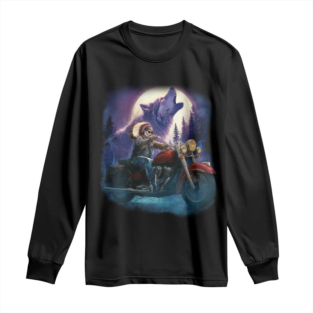 Native American Rider Long Sleeve Shirt Vintage Indian American Motorcycle Wolf - Wonder Print Shop