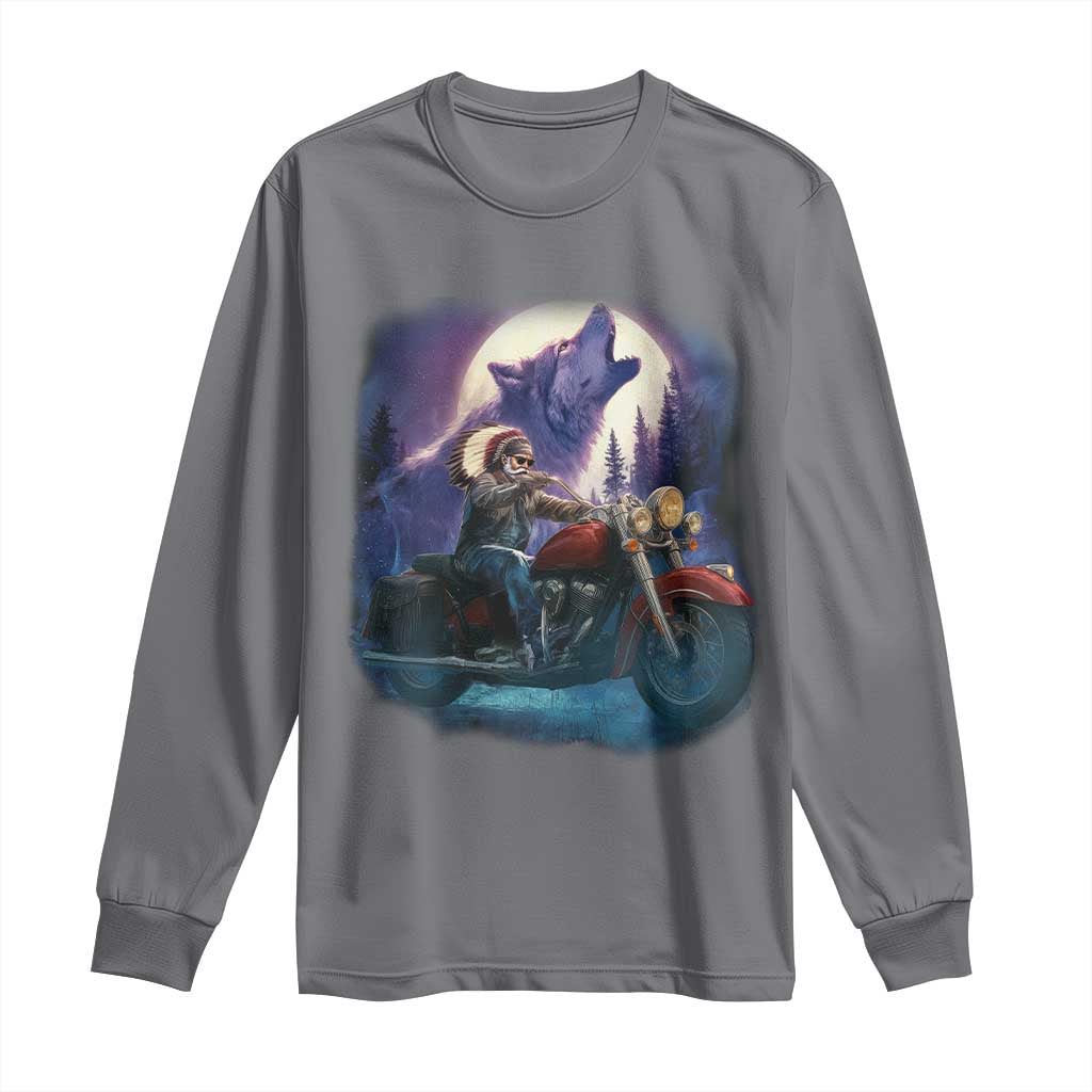 Native American Rider Long Sleeve Shirt Vintage Indian American Motorcycle Wolf - Wonder Print Shop
