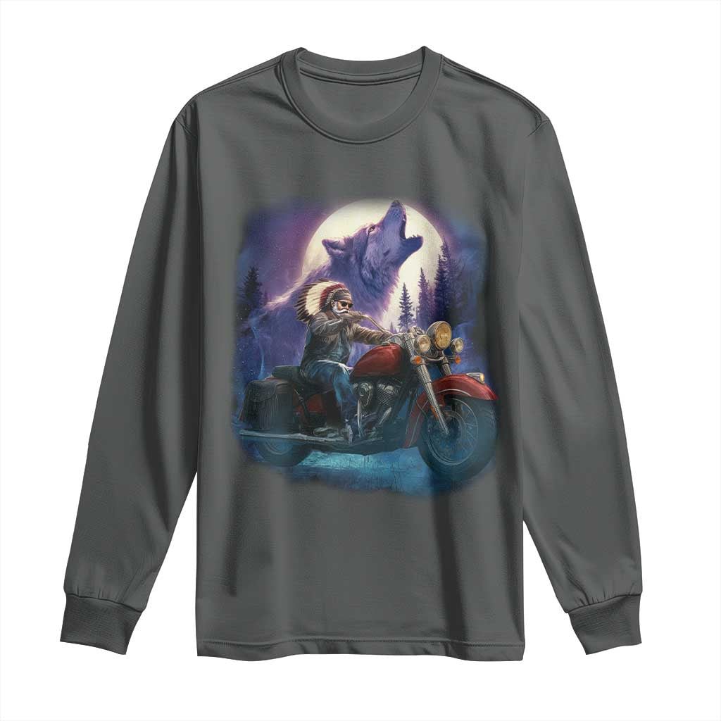Native American Rider Long Sleeve Shirt Vintage Indian American Motorcycle Wolf - Wonder Print Shop
