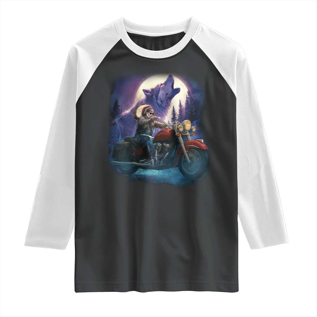 Native American Rider Raglan Shirt Vintage Indian American Motorcycle Wolf - Wonder Print Shop