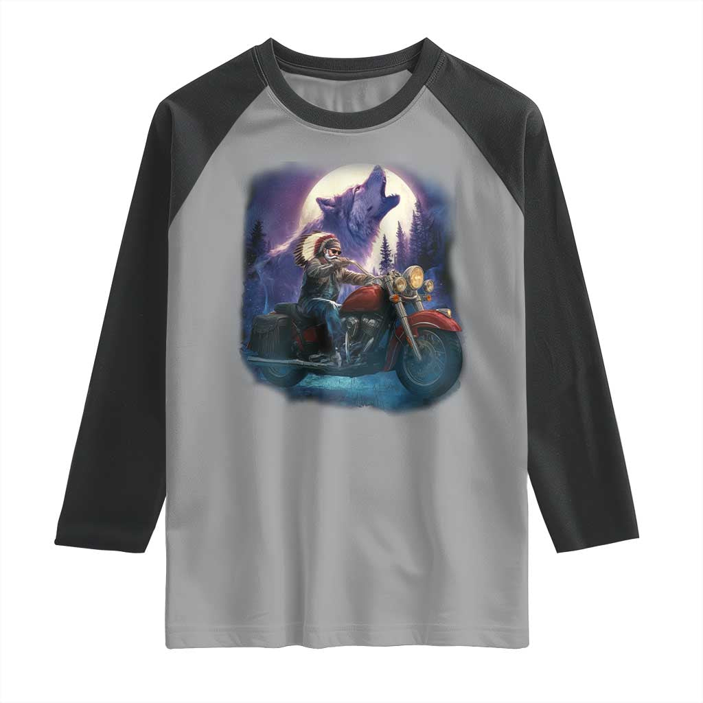 Native American Rider Raglan Shirt Vintage Indian American Motorcycle Wolf - Wonder Print Shop