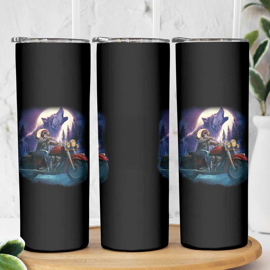 Native American Rider Skinny Tumbler Vintage Indian American Motorcycle Wolf - Wonder Print Shop