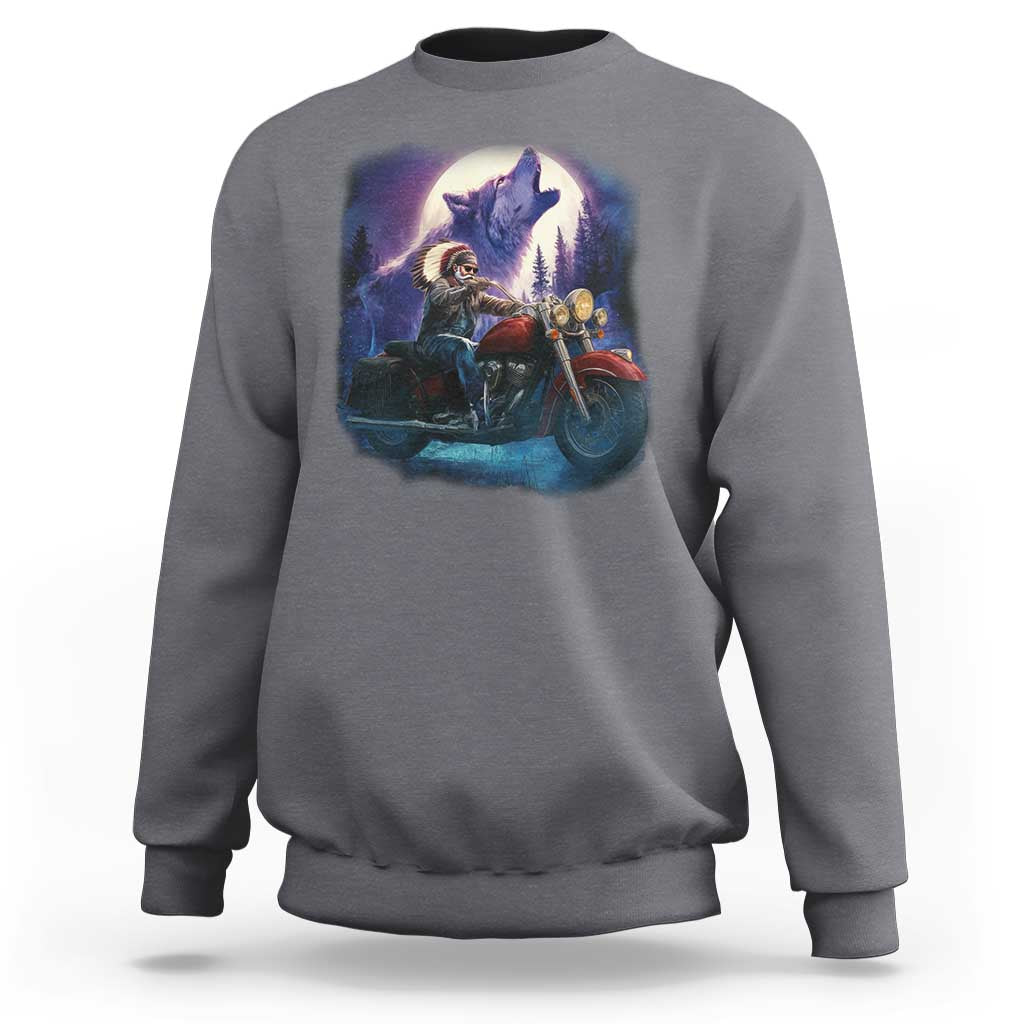 Native American Rider Sweatshirt Vintage Indian American Motorcycle Wolf - Wonder Print Shop