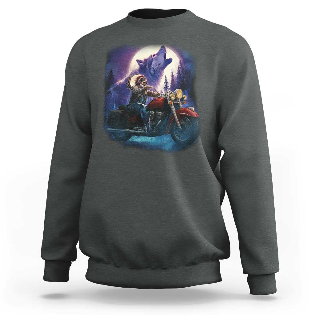 Native American Rider Sweatshirt Vintage Indian American Motorcycle Wolf - Wonder Print Shop