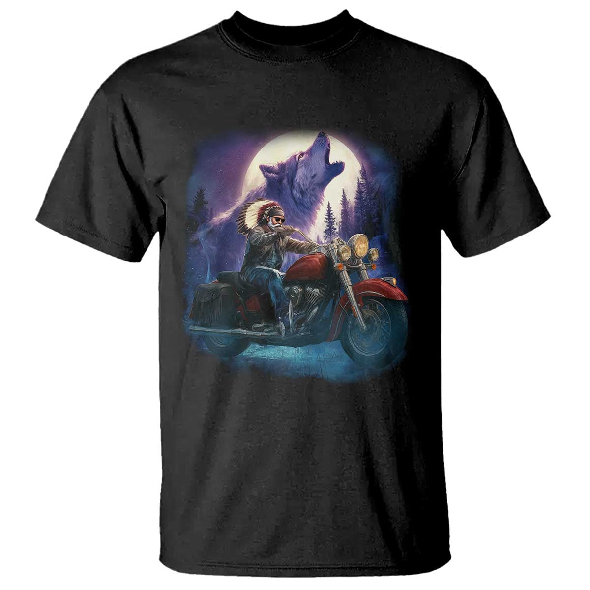 Native American Rider T Shirt Vintage Indian American Motorcycle Wolf - Wonder Print Shop