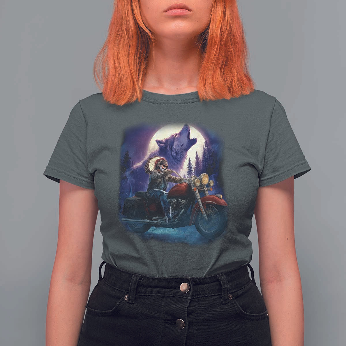 Native American Rider T Shirt For Women Vintage Indian American Motorcycle Wolf - Wonder Print Shop