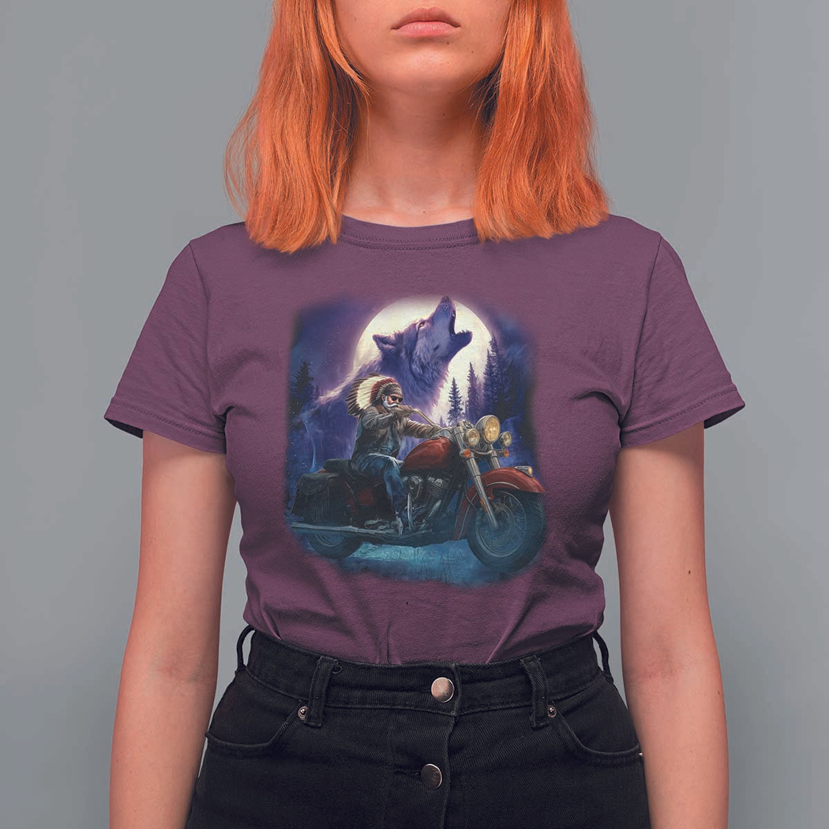 Native American Rider T Shirt For Women Vintage Indian American Motorcycle Wolf - Wonder Print Shop