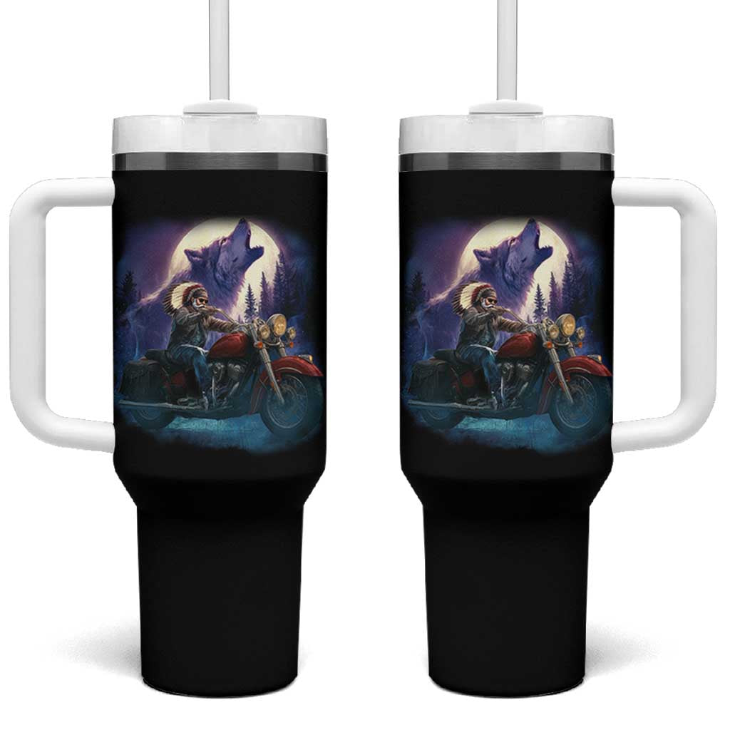 Native American Rider Tumbler With Handle Vintage Indian American Motorcycle Wolf - Wonder Print Shop
