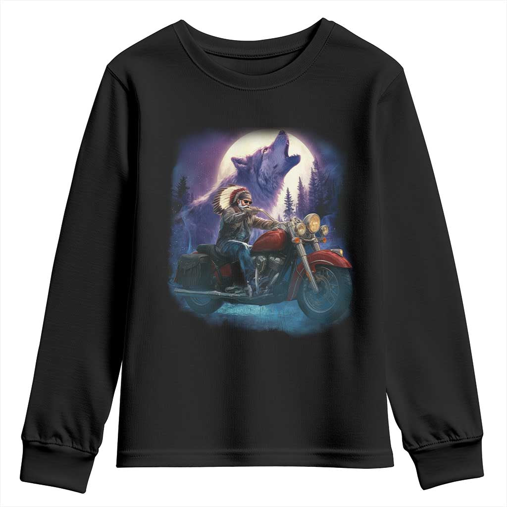 Native American Rider Youth Sweatshirt Vintage Indian American Motorcycle Wolf - Wonder Print Shop