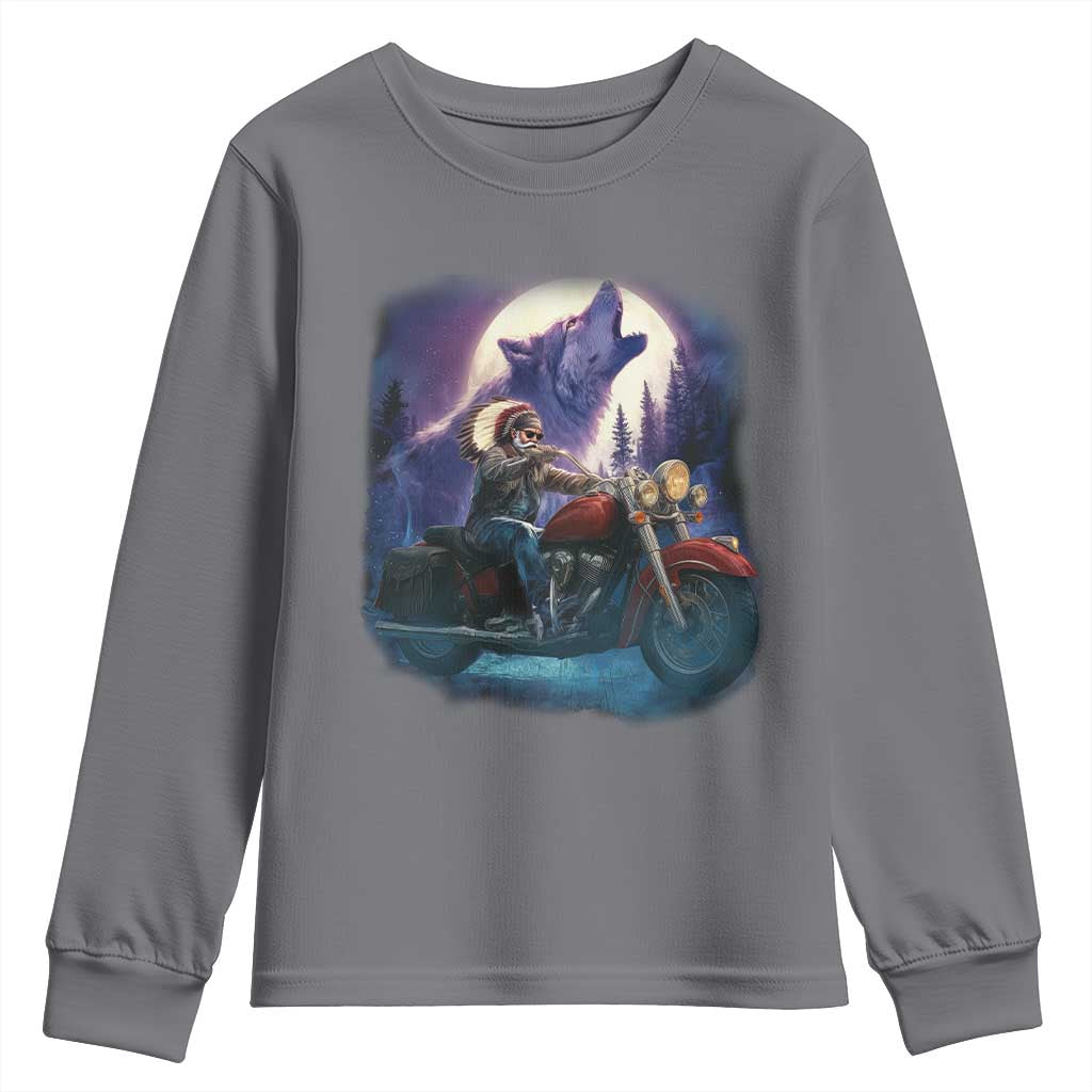 Native American Rider Youth Sweatshirt Vintage Indian American Motorcycle Wolf - Wonder Print Shop