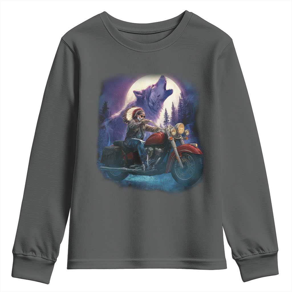 Native American Rider Youth Sweatshirt Vintage Indian American Motorcycle Wolf - Wonder Print Shop