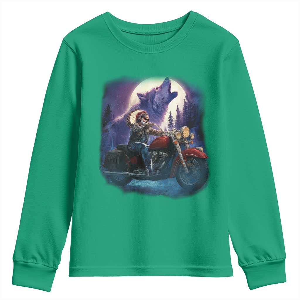 Native American Rider Youth Sweatshirt Vintage Indian American Motorcycle Wolf - Wonder Print Shop