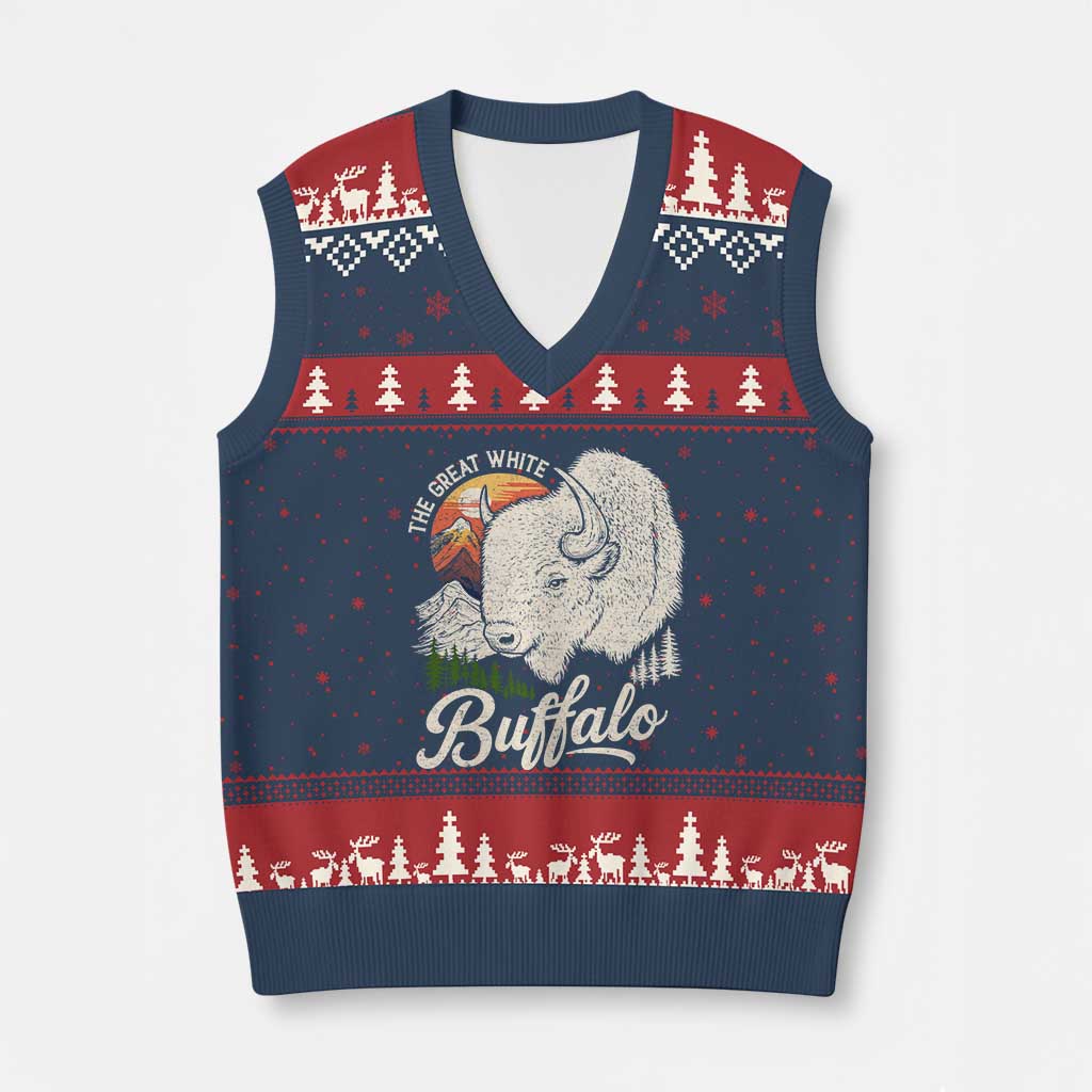The Great White Buffalo V-Neck Knit Sweater Vest Native American Sacred Spirit Animal - Wonder Print Shop