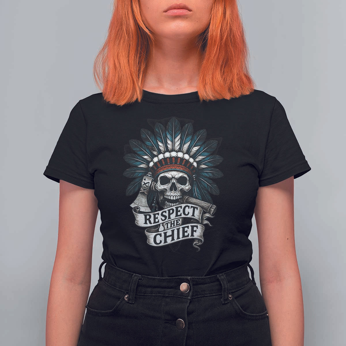 Native American Respect The Chief T Shirt For Women Indian Tribal Skull Headdress - Wonder Print Shop