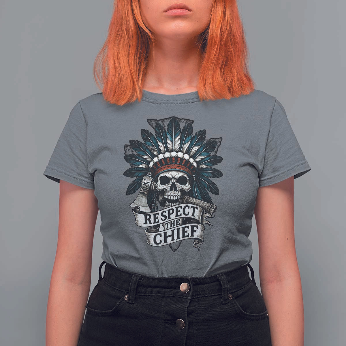 Native American Respect The Chief T Shirt For Women Indian Tribal Skull Headdress - Wonder Print Shop