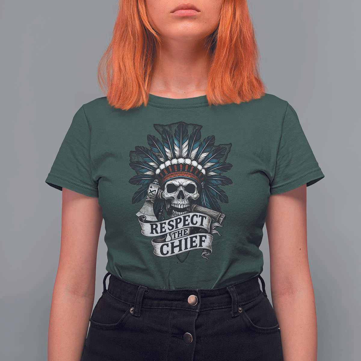 Native American Respect The Chief T Shirt For Women Indian Tribal Skull Headdress - Wonder Print Shop