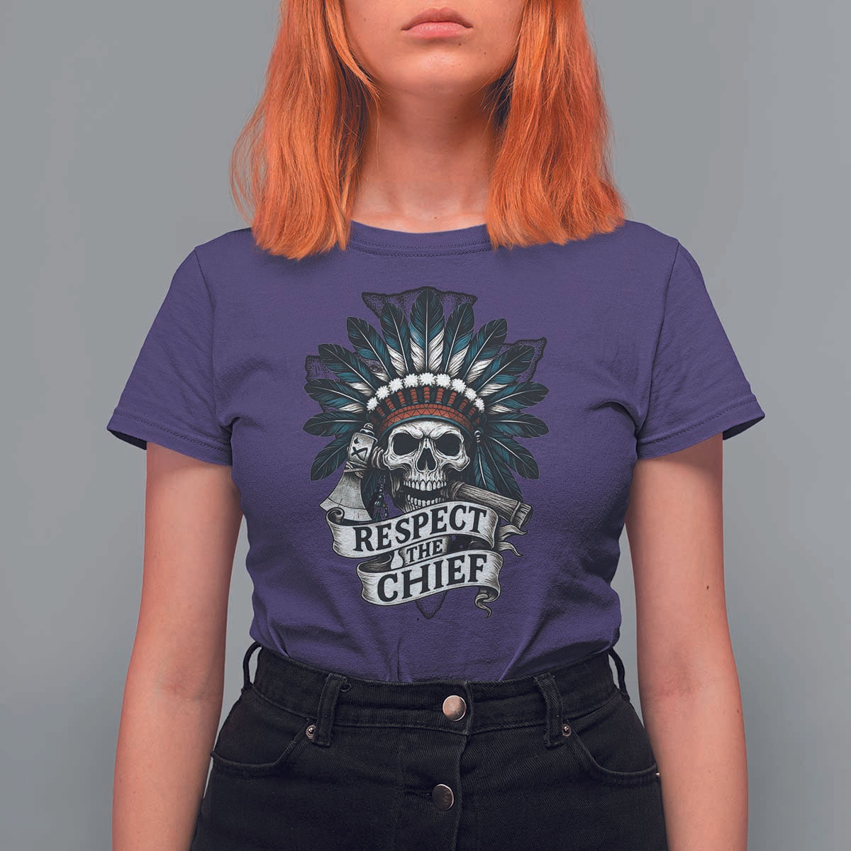 Native American Respect The Chief T Shirt For Women Indian Tribal Skull Headdress - Wonder Print Shop