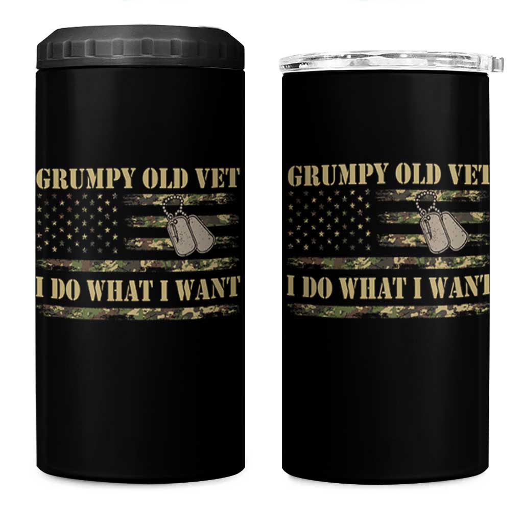 Funny Grumpy Old Vet I Do What I Want 4 in 1 Can Cooler Tumbler Military Veteran Camo American Flag - Wonder Print Shop