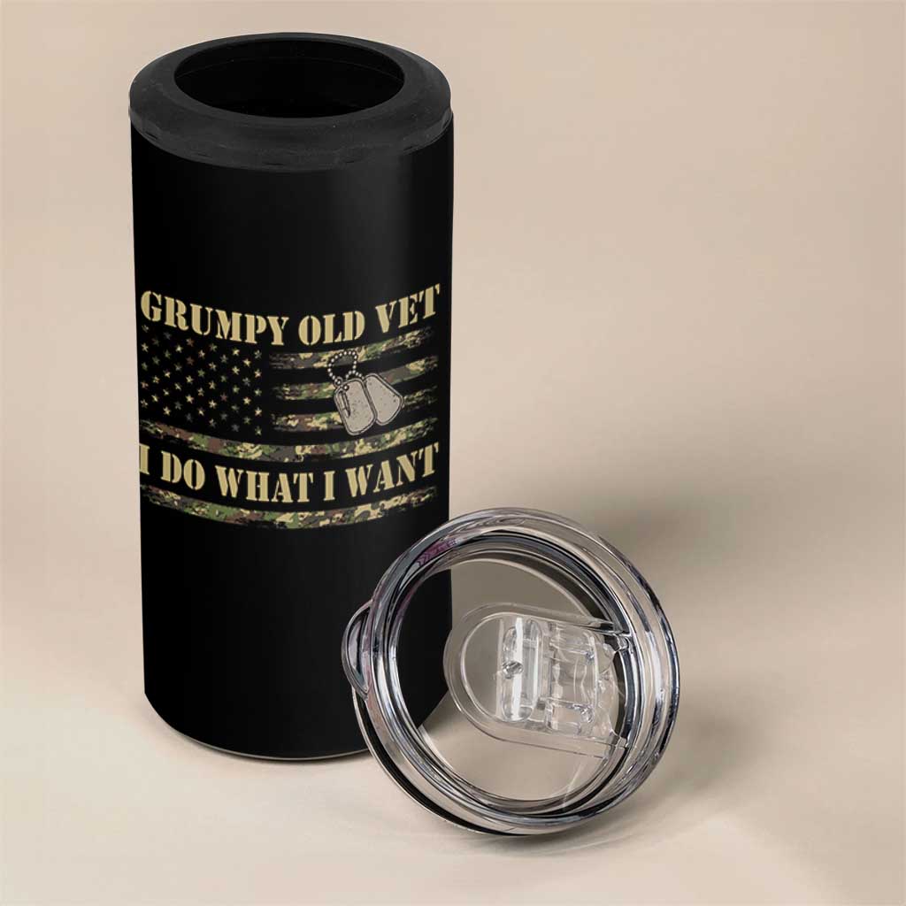 Funny Grumpy Old Vet I Do What I Want 4 in 1 Can Cooler Tumbler Military Veteran Camo American Flag - Wonder Print Shop