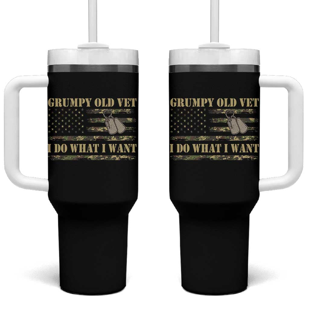 Funny Grumpy Old Vet I Do What I Want Tumbler With Handle Military Veteran Camo American Flag - Wonder Print Shop