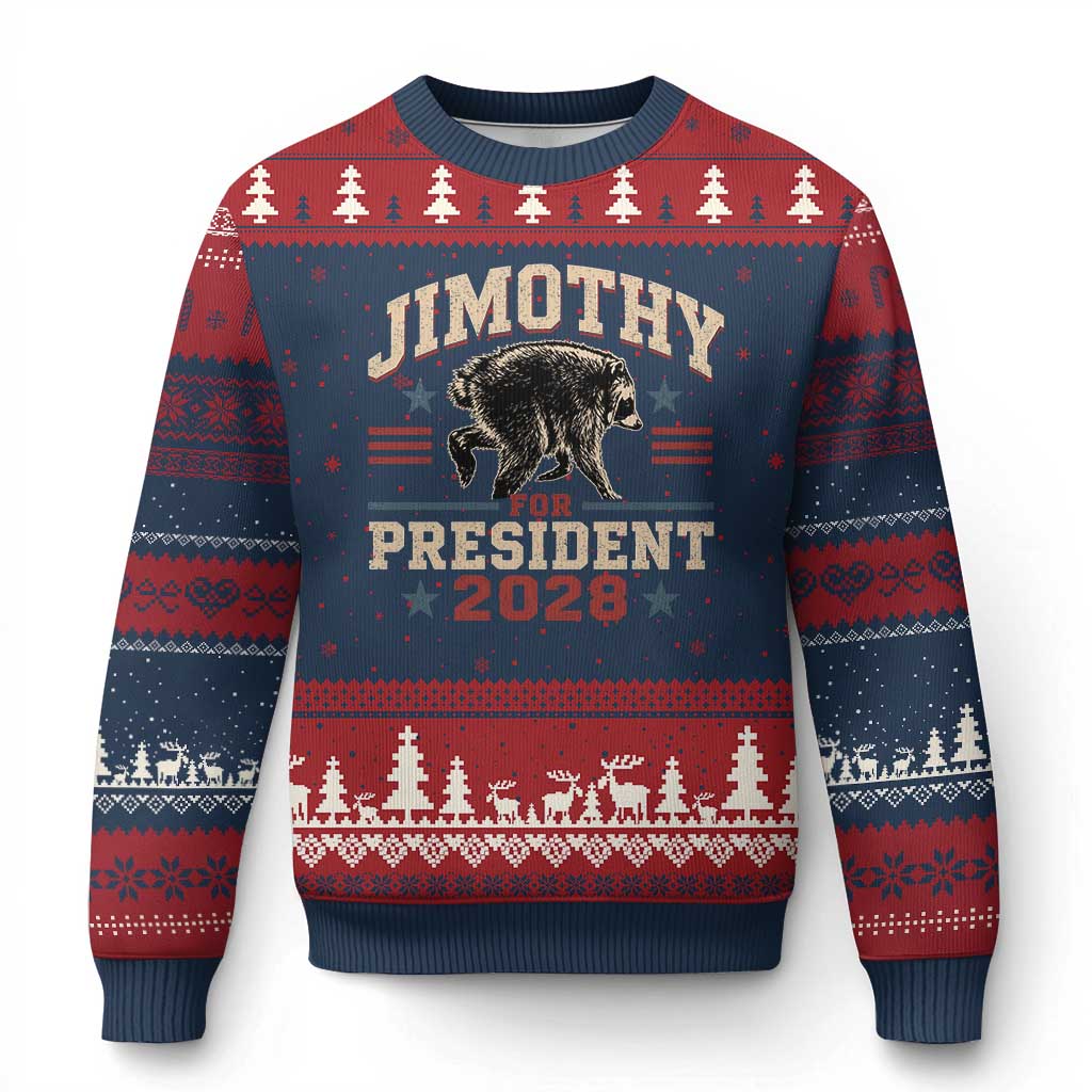 Jimothy For President 2028 Ugly Christmas Sweater Funny Jimothy The Raccoon Seattle Trash Panda Meme